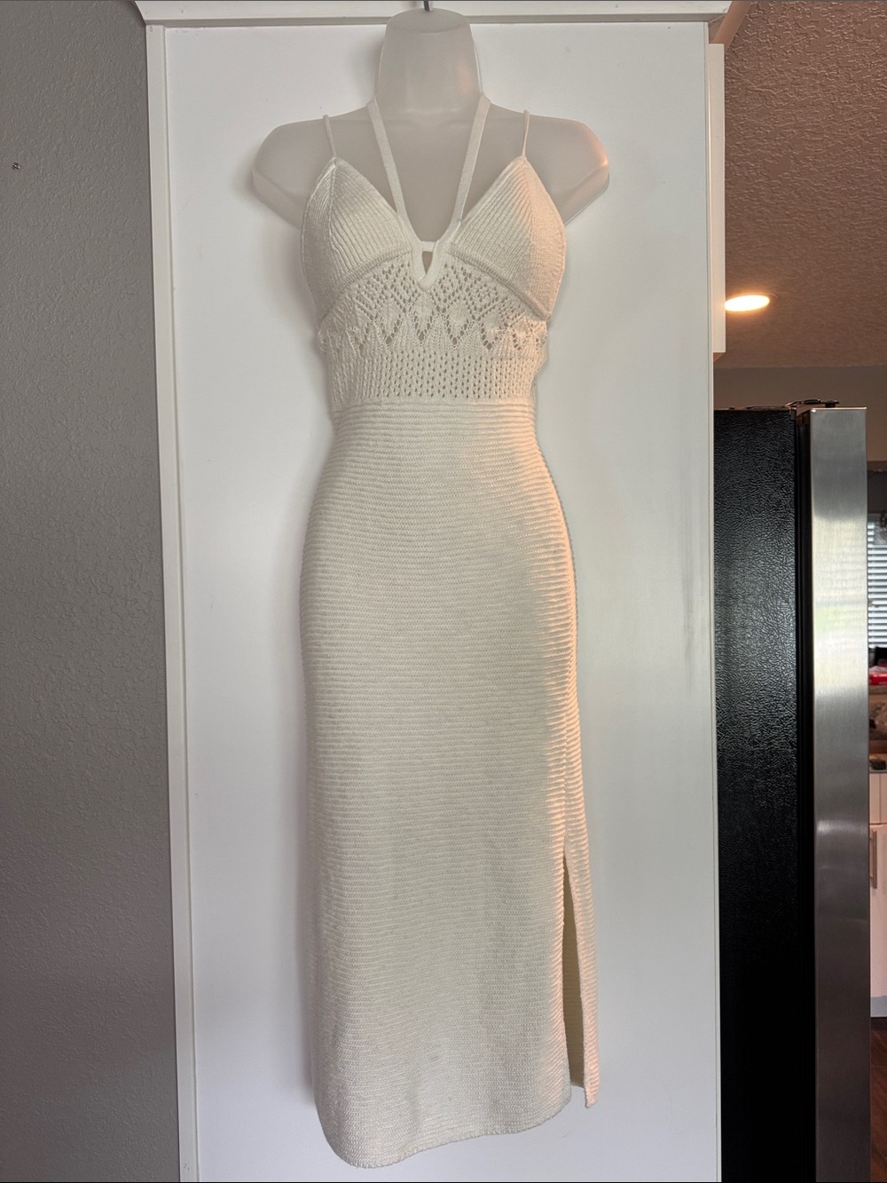 Abercrombie & Fitch Ivory Knit Midi Dress with Strappy V Detail
